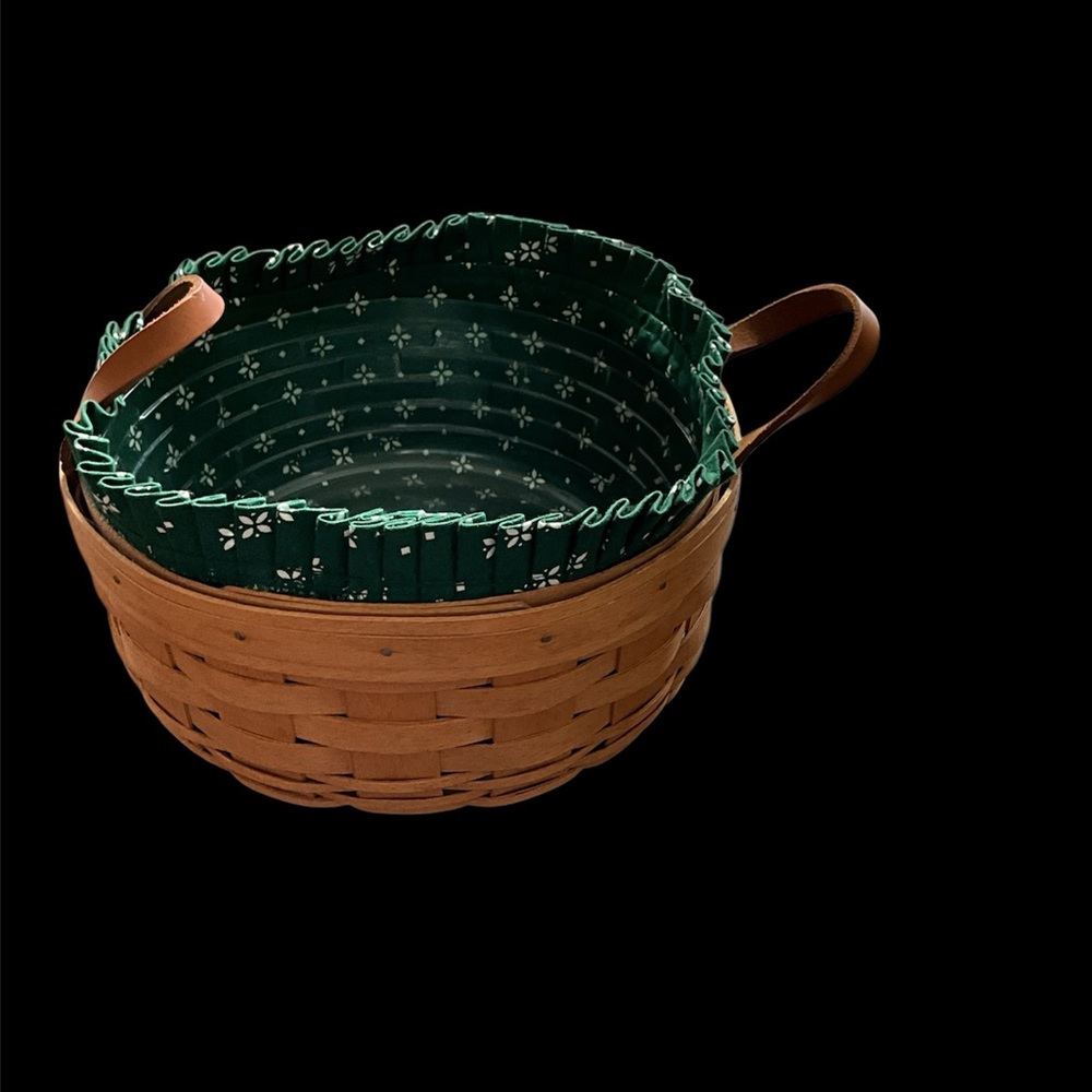 Longaberger Handmade Brown Woven Basket with Green Fabric Lining